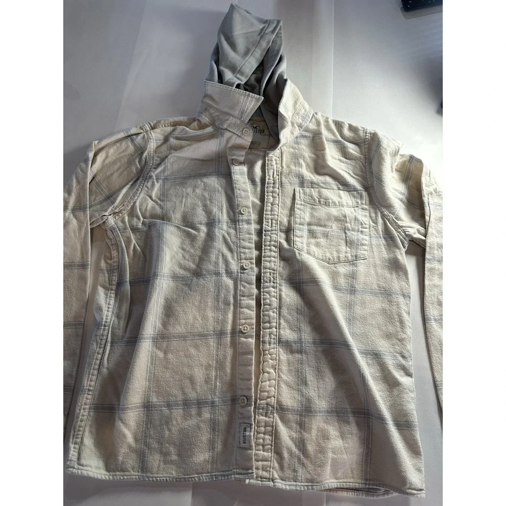 Hollister Men's L Plaid Flannel Button-Up Long Sleeve Shirt Gray White